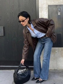 DAZY Solid Color Loose PU Jacket Long Sleeve Lapel Zipper Casual Street Vacation Spring Autumn Women's Jacket - Coffee Brown - View 4