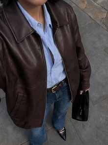 DAZY Solid Color Loose PU Jacket Long Sleeve Lapel Zipper Casual Street Vacation Spring Autumn Women's Jacket - Coffee Brown - View 10
