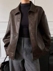 DAZY Solid Color Loose PU Jacket Long Sleeve Lapel Zipper Casual Street Vacation Spring Autumn Women's Jacket - Coffee Brown - View 1