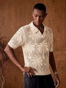 AKNOTIC Men's Palm Tree Hollow Out Short Sleeve Casual Knit Top - Apricot - View 4