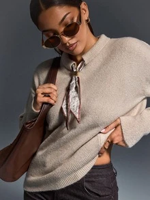 Pariaura Women Shawl Neck Detailed Cozy Long Sleeve Regular Fit Sweater - Beige - View 8