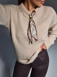 Pariaura Women Shawl Neck Detailed Cozy Long Sleeve Regular Fit Sweater - Beige - View 10