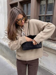 Pariaura Women Shawl Neck Detailed Cozy Long Sleeve Regular Fit Sweater - Beige - View 3