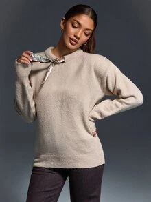 Pariaura Women Shawl Neck Detailed Cozy Long Sleeve Regular Fit Sweater - Beige - View 7