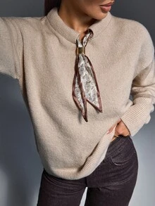Pariaura Women Shawl Neck Detailed Cozy Long Sleeve Regular Fit Sweater - Beige - View 5