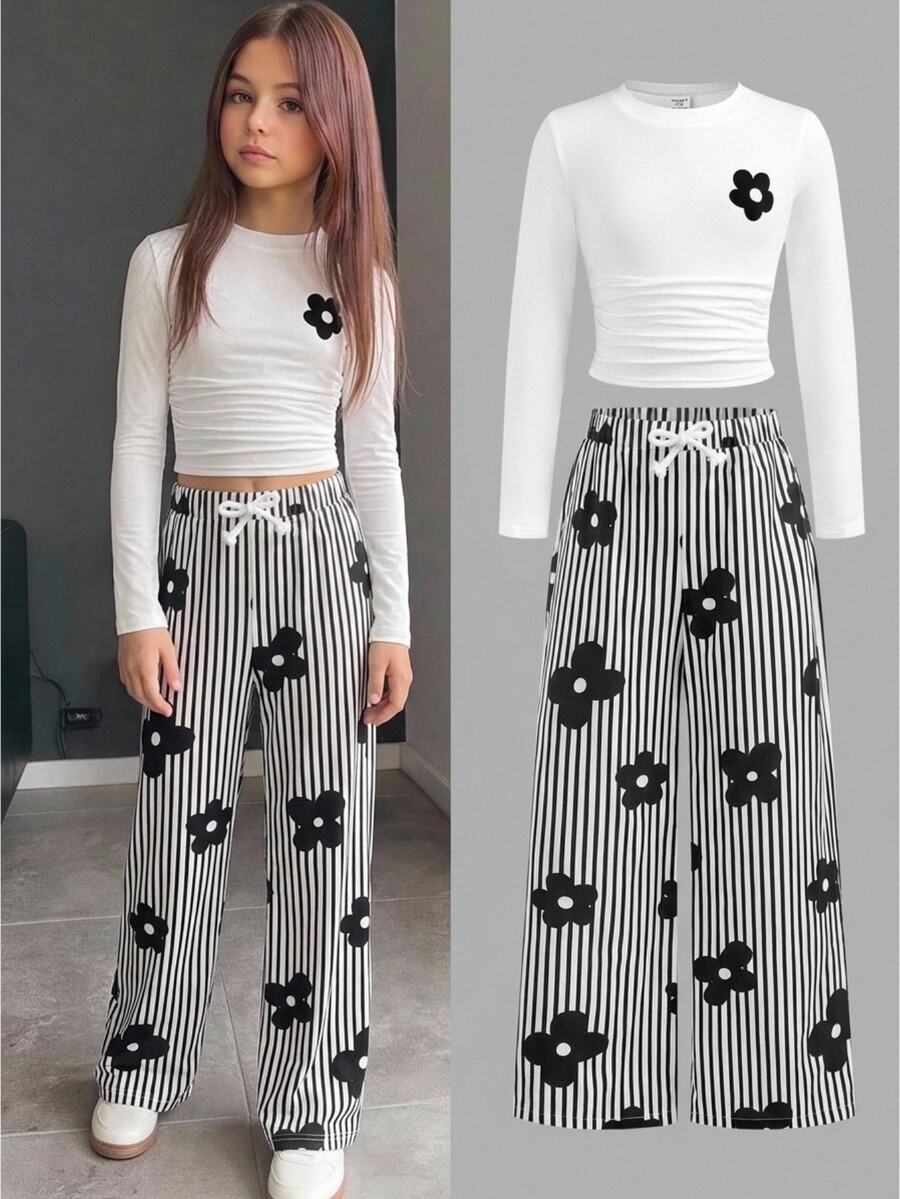 SHEIN 青少年女孩秋冬新款時尚休閒極簡長袖白色印花T恤與黑白條紋長褲針織兩件套,居家、外出、上學、度假皆適用 - 黑與白 - 查看 1