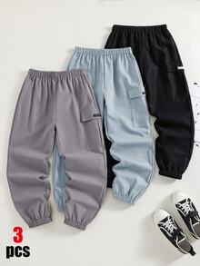 SHEIN 3件組買2送1兒童青少年男孩休閒寬鬆束口工裝褲，基礎下裝，黑色工裝褲、軍綠色工裝褲、卡其色工裝褲，適合秋冬、學校、家庭聚會，秋季穿搭，冬季穿搭 - 彩色 - 查看 2