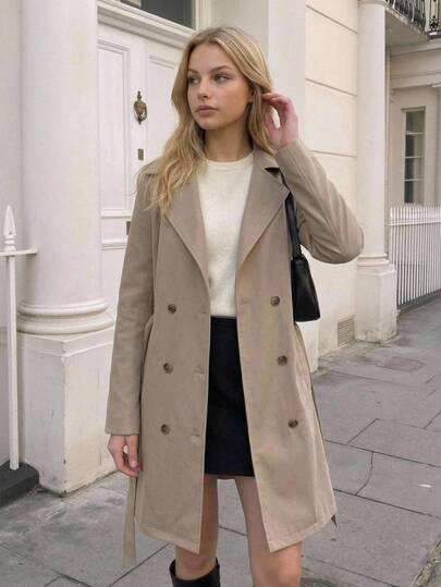 Girlism Teen Girls Trench Coats, Autumn Lapel Double-Breasted Tie-Waist Pocket Casual Black Color, Collegiate Style, Suitable For Daily Wear, Commuting