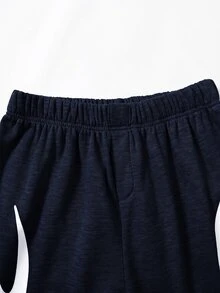 SHEIN Teen Boy Casual Comfortable Printed Colorblock Loose Straight Leg Sweatpants - Navy Blue - View 3