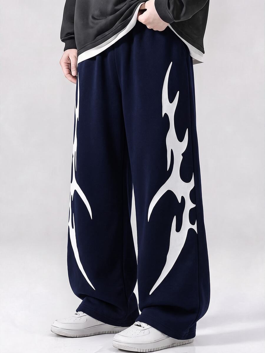 SHEIN Teen Boy Casual Comfortable Printed Colorblock Loose Straight Leg Sweatpants - Navy Blue - View 1