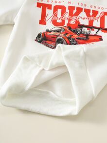 SHEIN 中性嬰兒男孩/女孩、幼兒 2 件組秋冬保暖內裡加厚時尚賽車圖案運動衫套裝，丹寧牛仔褲，嬰兒冬季服飾，運動套裝 - 黑色 - 查看 8