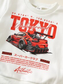 SHEIN 中性嬰兒男孩/女孩、幼兒 2 件組秋冬保暖內裡加厚時尚賽車圖案運動衫套裝，丹寧牛仔褲，嬰兒冬季服飾，運動套裝 - 黑色 - 查看 6