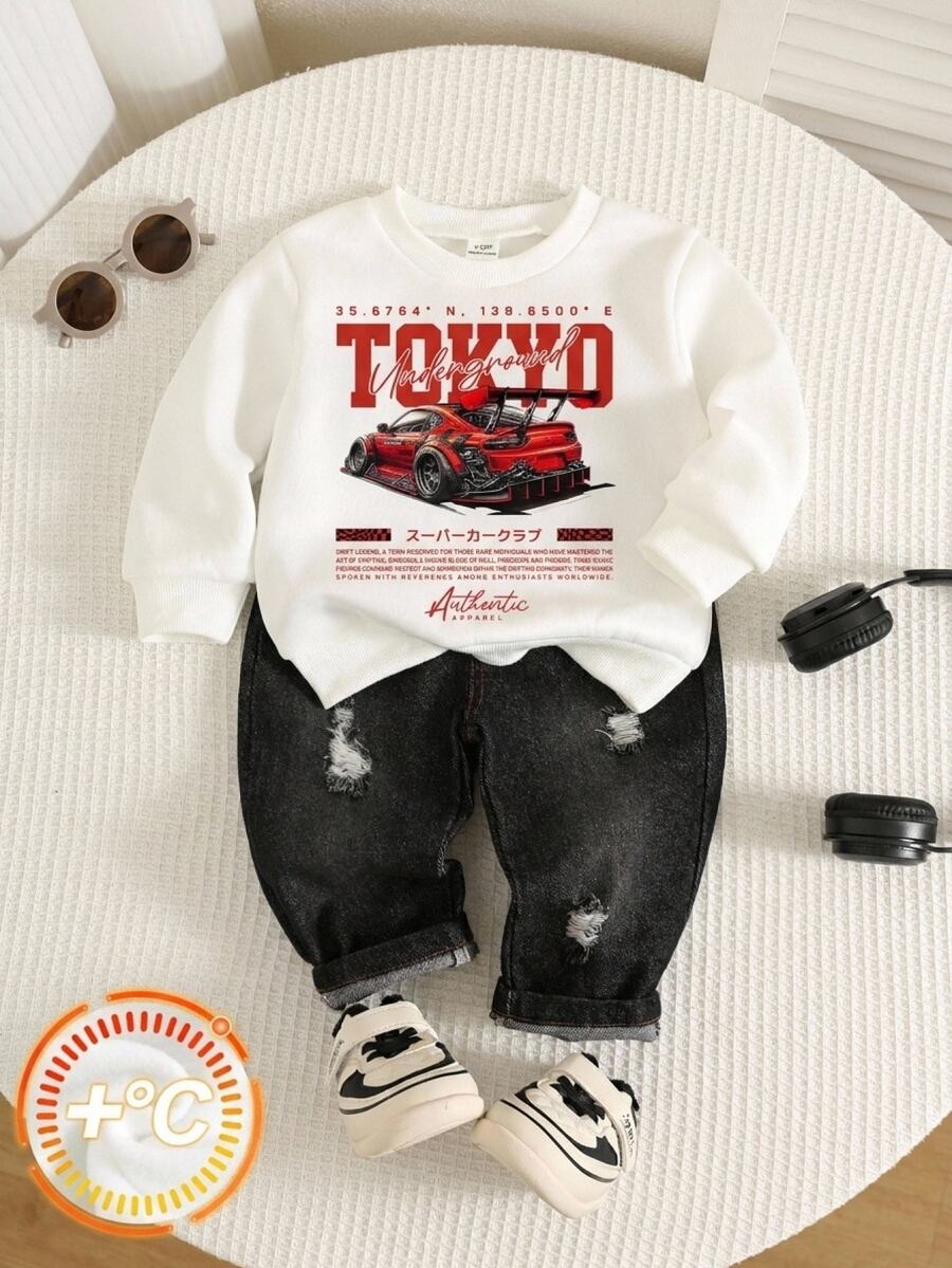SHEIN 中性嬰兒男孩/女孩、幼兒 2 件組秋冬保暖內裡加厚時尚賽車圖案運動衫套裝,丹寧牛仔褲,嬰兒冬季服飾,運動套裝 - 黑色 - 查看 1