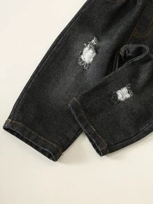 SHEIN 中性嬰兒男孩/女孩、幼兒 2 件組秋冬保暖內裡加厚時尚賽車圖案運動衫套裝，丹寧牛仔褲，嬰兒冬季服飾，運動套裝 - 黑色 - 查看 5