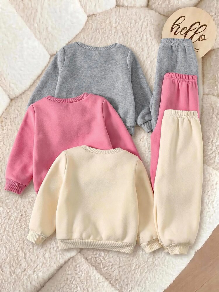 6pcs Baby Girl Vintage Letter Pattern Knit Soft Crew Neck Long Sleeve Pullover Sweatshirt And Elastic Waist Jogger Autumn Winter Pants Set - Multicolor - View 2