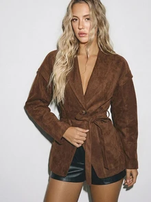ATUI Studio Women's Solid Color Waist Tie Casual Elegant Versatile Daily Wear Long Sleeve Jacket Office Everyday Work Business Dark Brown Fall - Coffee Brown - View 3