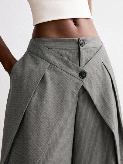 ATUI Studio Women's Fashion Asymmetrical Waist Button Pleated Long Pants
