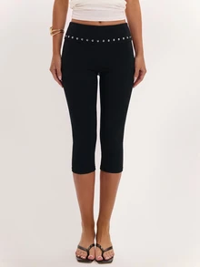 SHEIN BAE Women's Beaded Decor Slim Fit Cropped Pants - Black - View 3