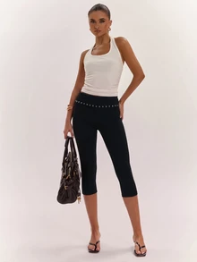 SHEIN BAE Women's Beaded Decor Slim Fit Cropped Pants - Black - View 4