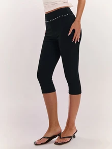 SHEIN BAE Women's Beaded Decor Slim Fit Cropped Pants - Black - View 5