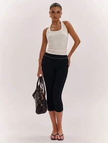 SHEIN BAE Women's Beaded Decor Slim Fit Cropped Pants - Black - View 6