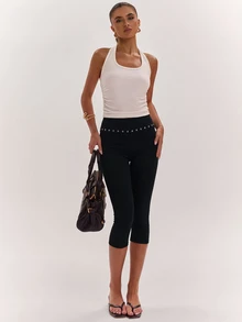 SHEIN BAE Women's Beaded Decor Slim Fit Cropped Pants - Black - View 1