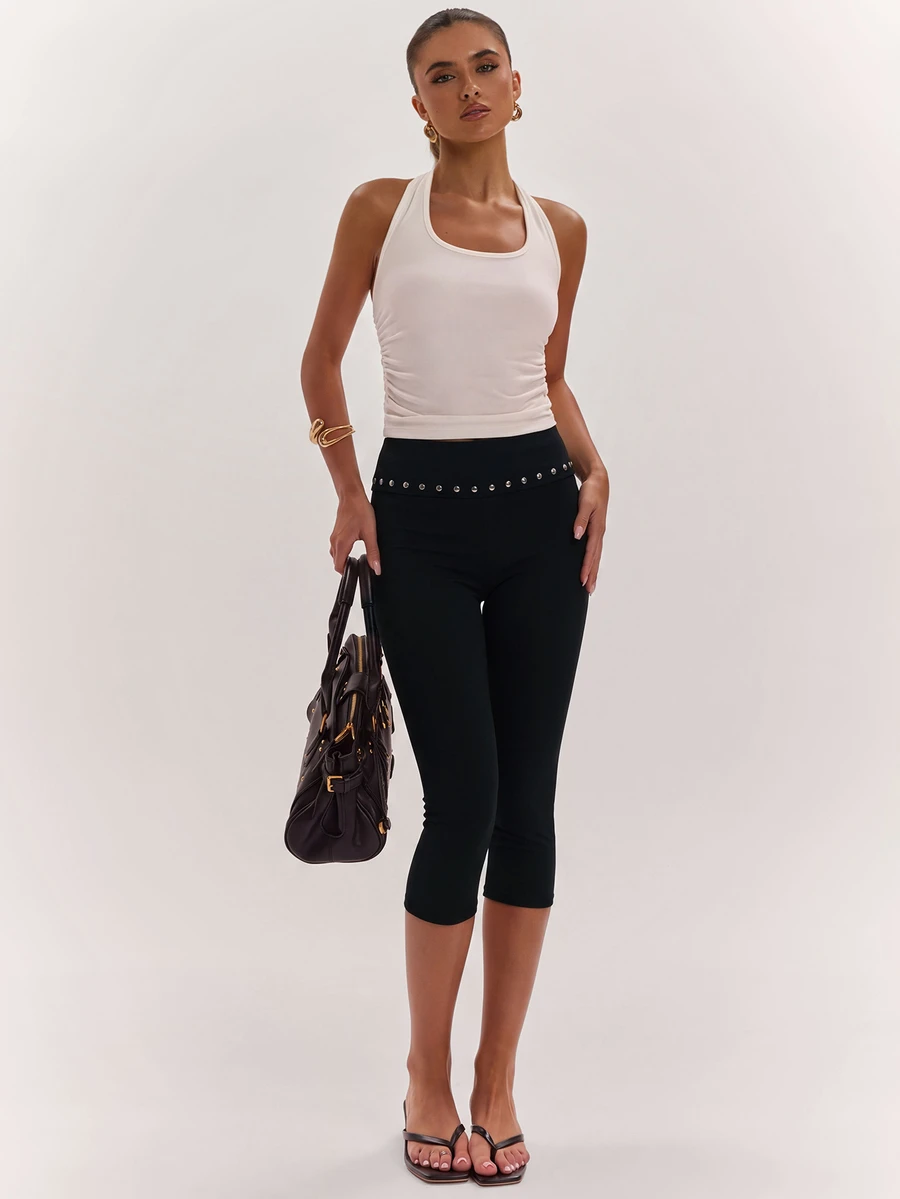 SHEIN BAE Women's Beaded Decor Slim Fit Cropped Pants - Black - View 1