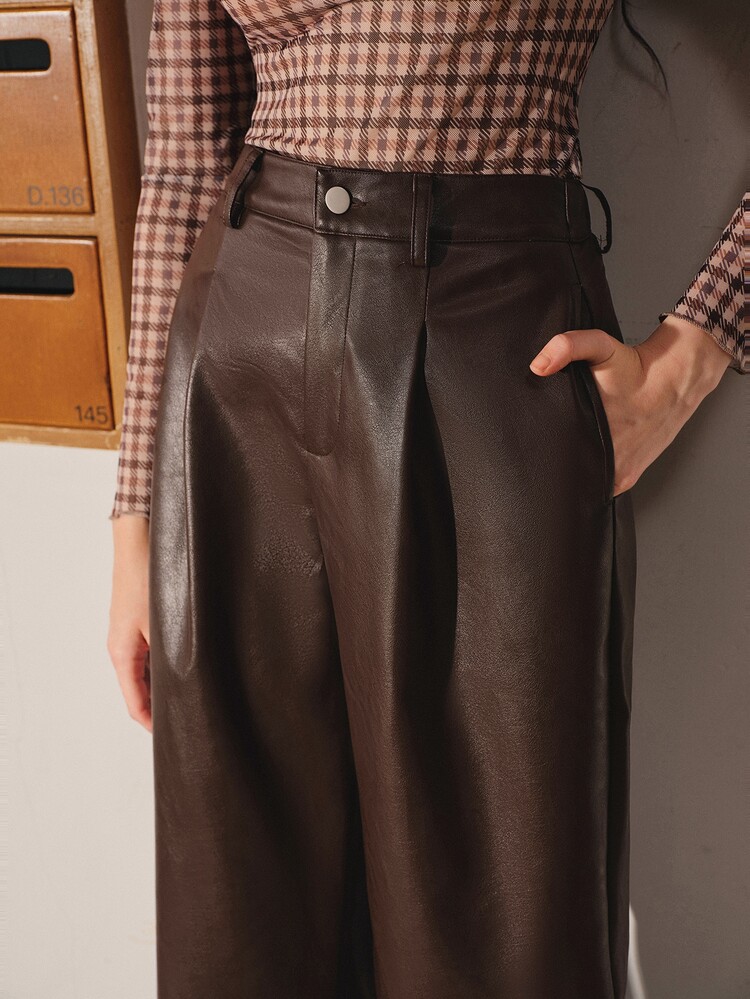 Anewsta Autumn/Winter New Commuter Versatile Modern Brown Retro PU Leather Long Pants For Women, Elegant, Chic, Stylish, Christmas, Going Out, Winter Clothes - Mocha Brown - View 1