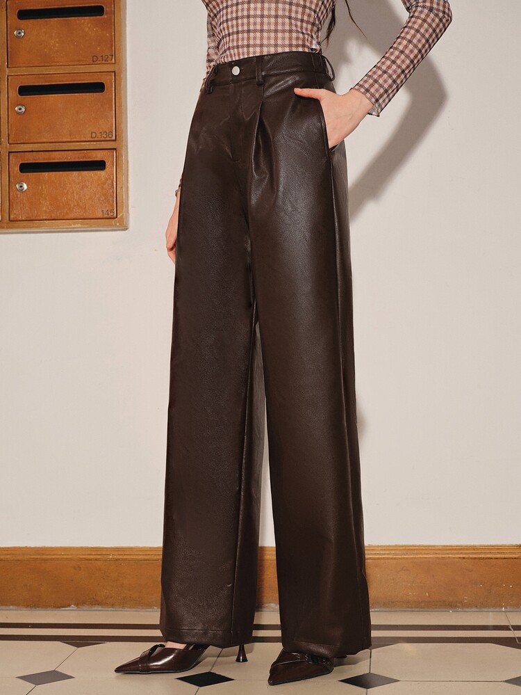 Anewsta Autumn/Winter New Commuter Versatile Modern Brown Retro PU Leather Long Pants For Women, Elegant, Chic, Stylish, Christmas, Going Out, Winter Clothes - Mocha Brown - View 3
