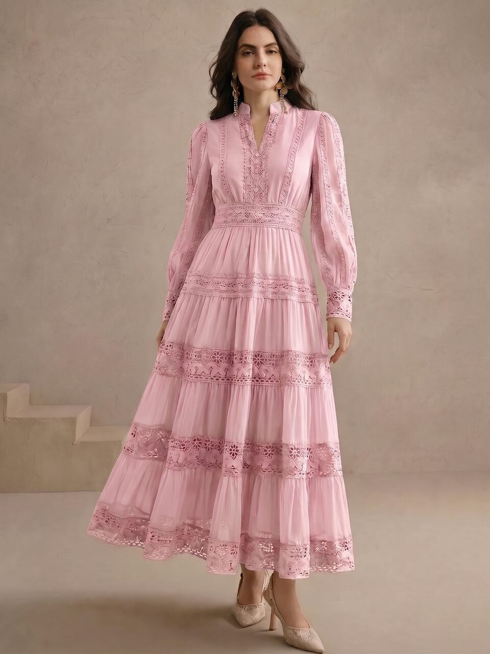 Anewsta Women Pink Elegant Long Dress With Lace Details And Bishop Sleeves Perfect For Special Occasions