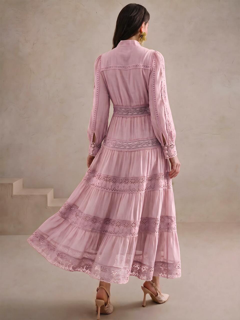 Anewsta Women Pink Elegant Long Dress With Lace Details And Bishop Sleeves Perfect For Special Occasions