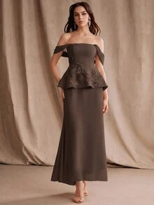 Anewsta Cold Shoulder Lace Trim Peplum Waist Formal Event Vow Dress Wedding Brown Fall/Autumn/Winter Elegant Formal - Coffee Brown - View 4