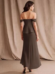 Anewsta Cold Shoulder Lace Trim Peplum Waist Formal Event Vow Dress Wedding Brown Fall/Autumn/Winter Elegant Formal - Coffee Brown - View 2