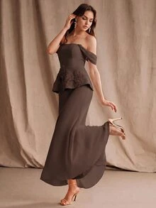 Anewsta Cold Shoulder Lace Trim Peplum Waist Formal Event Vow Dress Wedding Brown Fall/Autumn/Winter Elegant Formal - Coffee Brown - View 3