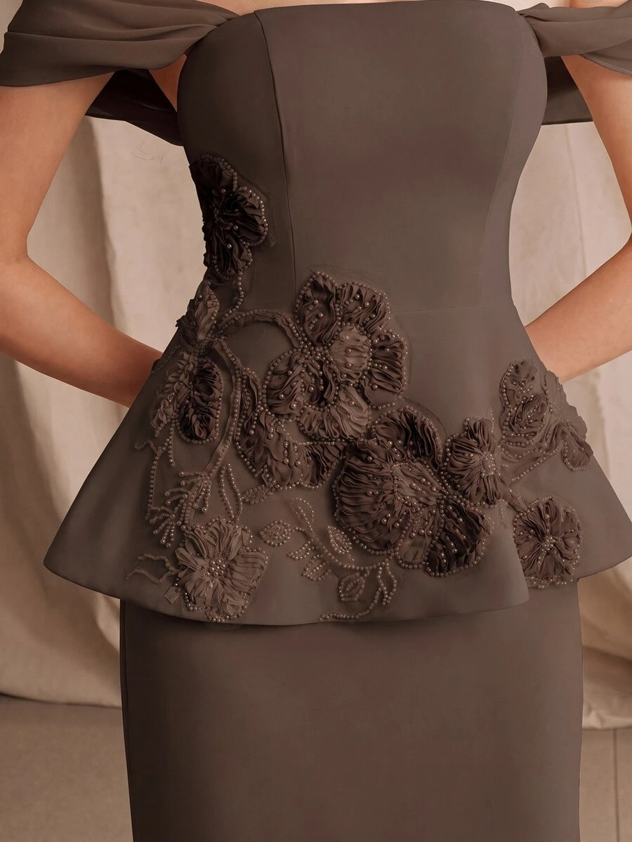 Anewsta Cold Shoulder Lace Trim Peplum Waist Formal Event Vow Dress Wedding Brown Fall/Autumn/Winter Elegant Formal - Coffee Brown - View 1