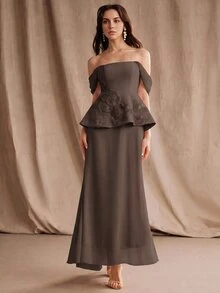 Anewsta Cold Shoulder Lace Trim Peplum Waist Formal Event Vow Dress Wedding Brown Fall/Autumn/Winter Elegant Formal - Coffee Brown - View 5