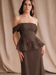 Anewsta Cold Shoulder Lace Trim Peplum Waist Formal Event Vow Dress Wedding Brown Fall/Autumn/Winter Elegant Formal - Coffee Brown - View 6