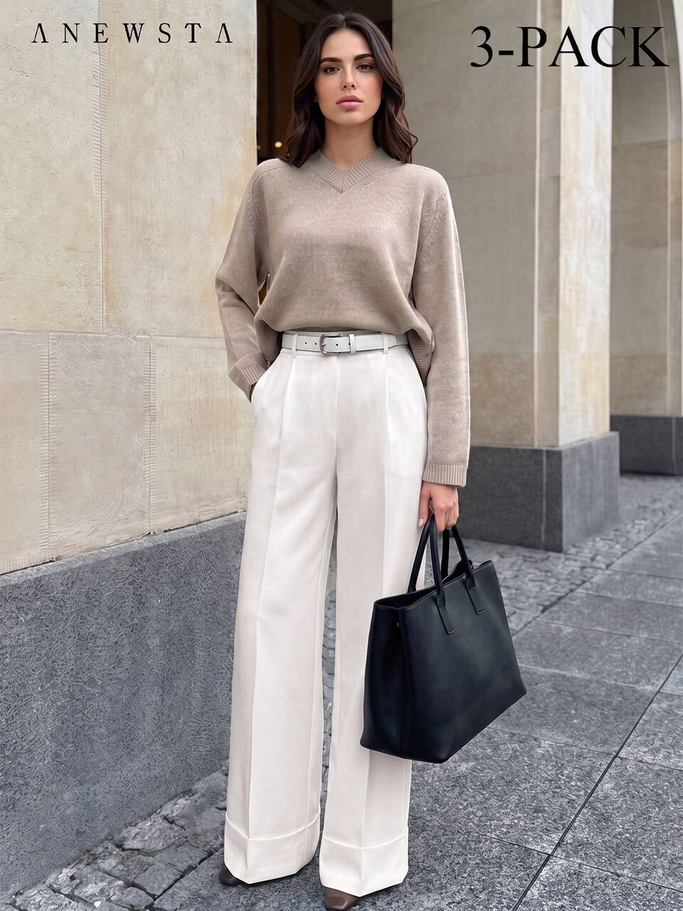 Anewsta Spring/Fall Casual Elegant Business Office Outfit High Waist Side Zipper Cuffed Straight Leg Off-White, Brown 3pcs Women's Pants