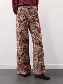 Nöista Tapestry Fabric Wide Leg Pants, Round Pockets On Front With Flowers. Fall, Winter, Back To School, Everydday, Premium Fabric, Office, Streetstyle. - Apricot - View 4