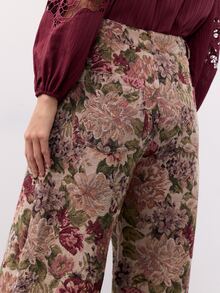 Nöista Tapestry Fabric Wide Leg Pants, Round Pockets On Front With Flowers. Fall, Winter, Back To School, Everydday, Premium Fabric, Office, Streetstyle. - Apricot - View 6