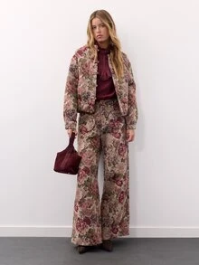 Nöista Tapestry Fabric Wide Leg Pants, Round Pockets On Front With Flowers. Fall, Winter, Back To School, Everydday, Premium Fabric, Office, Streetstyle. - Apricot - View 1