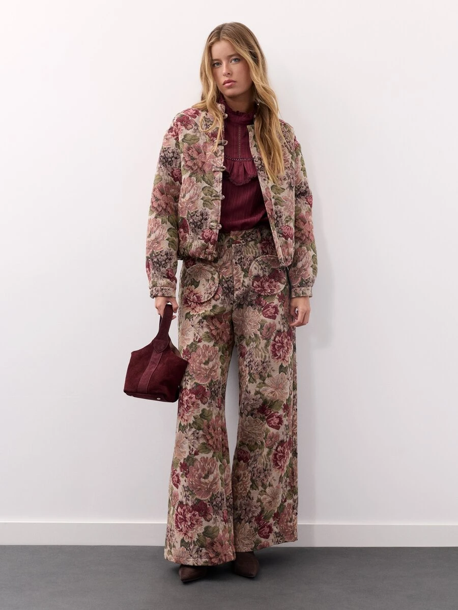 Nöista Tapestry Fabric Wide Leg Pants, Round Pockets On Front With Flowers. Fall, Winter, Back To School, Everydday, Premium Fabric, Office, Streetstyle. - Apricot - View 1