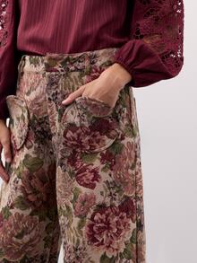 Nöista Tapestry Fabric Wide Leg Pants, Round Pockets On Front With Flowers. Fall, Winter, Back To School, Everydday, Premium Fabric, Office, Streetstyle. - Apricot - View 2