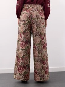 Nöista Tapestry Fabric Wide Leg Pants, Round Pockets On Front With Flowers. Fall, Winter, Back To School, Everydday, Premium Fabric, Office, Streetstyle. - Apricot - View 3