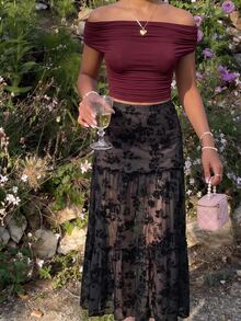 SHEIN MOD 女款優雅花卉植絨網紗裙，度假穿搭、鄉村風上衣、萬聖節牛仔女郎裝扮、約會之夜黑色花卉秋季款 - 黑色 - 查看 5