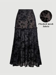 SHEIN MOD 女款優雅花卉植絨網紗裙，度假穿搭、鄉村風上衣、萬聖節牛仔女郎裝扮、約會之夜黑色花卉秋季款 - 黑色 - 查看 3