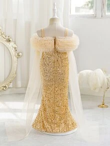 Young Girl Champagne Sequin Mermaid Tail Dress With Spaghetti Straps, Cold Shoulder Design, Wrap Shoulder 3D Lace And Detachable Long Ribbon - Champagne - View 2