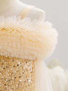 Young Girl Champagne Sequin Mermaid Tail Dress With Spaghetti Straps, Cold Shoulder Design, Wrap Shoulder 3D Lace And Detachable Long Ribbon - Champagne - View 4