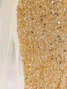 Young Girl Champagne Sequin Mermaid Tail Dress With Spaghetti Straps, Cold Shoulder Design, Wrap Shoulder 3D Lace And Detachable Long Ribbon - Champagne - View 3
