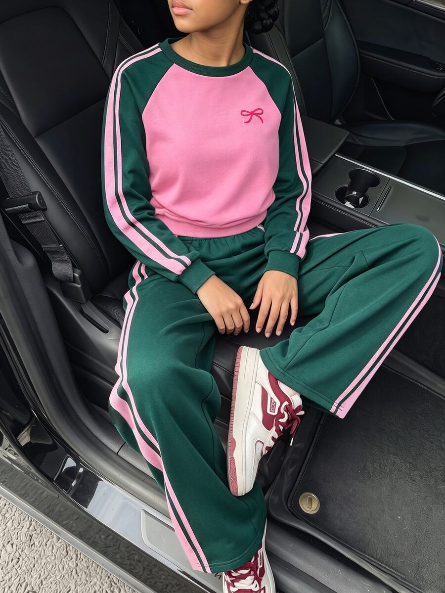 女童新款時尚玫瑰粉與綠色拼接圓領長袖上衣,甜美蝴蝶結印花,搭配寬腿褲 2 件套 - 彩色 - 查看 1